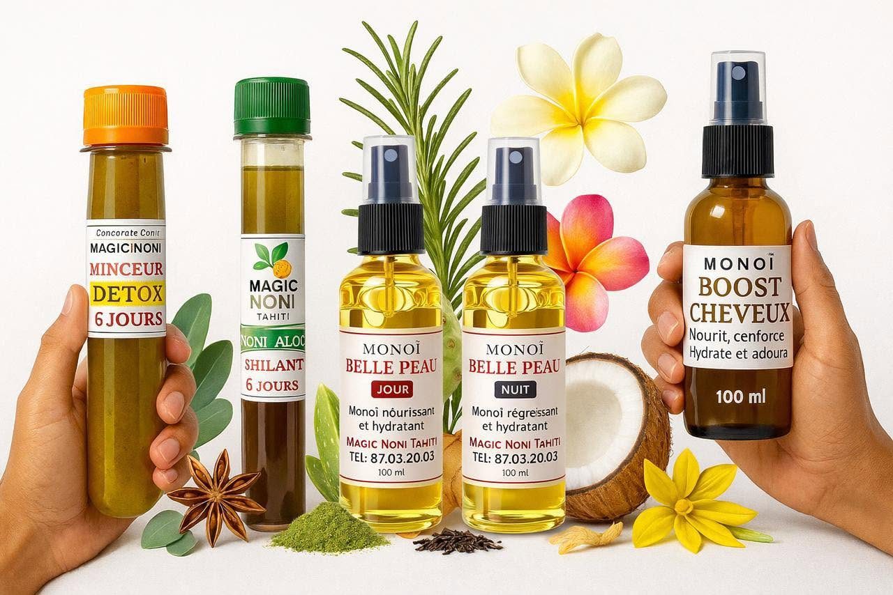 Flacons Magic Noni : cure détox, monoï Belle Peau jour et nuit, monoï Boost Cheveux